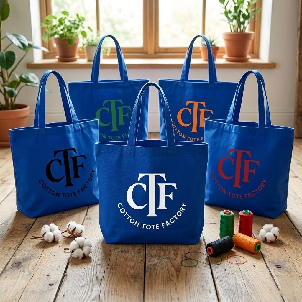 collection of blue cotton tote bag with bottom gusset with logo print - cotton tote factory