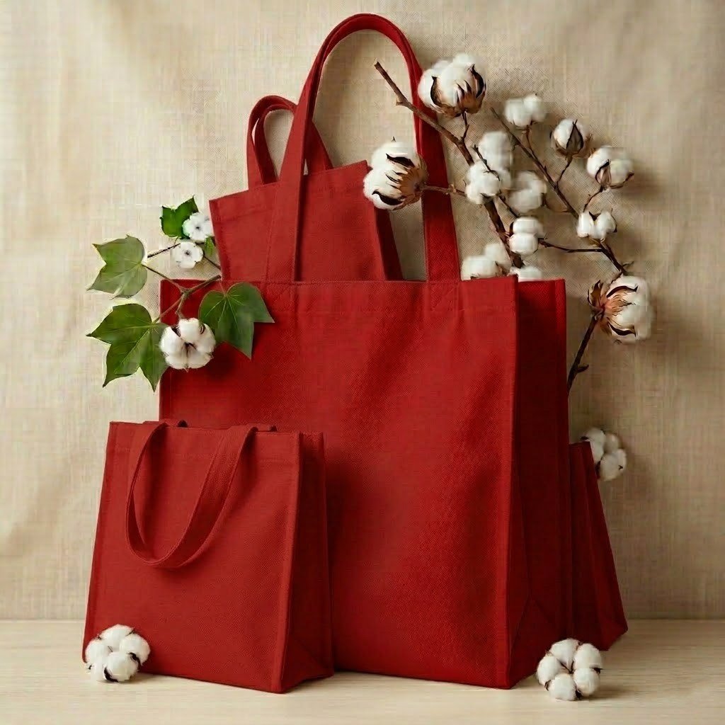 collection of dark red organic natural cotton tote bag with 3 side gusset - cotton tote factory