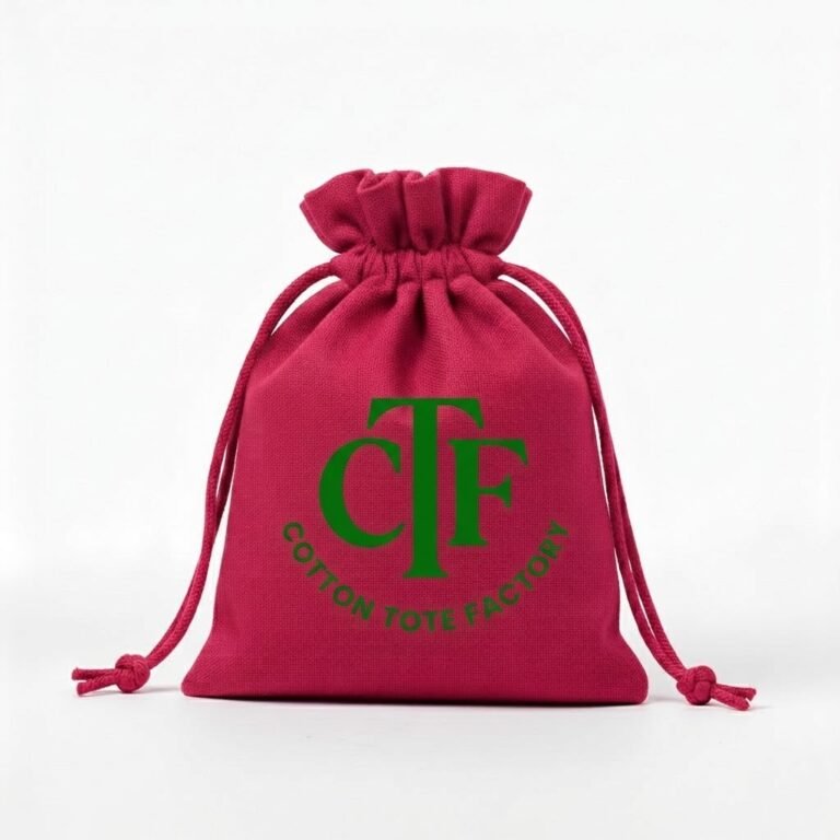 Red drawstring bag with Green CTF logo print - Cotton Tote Factory