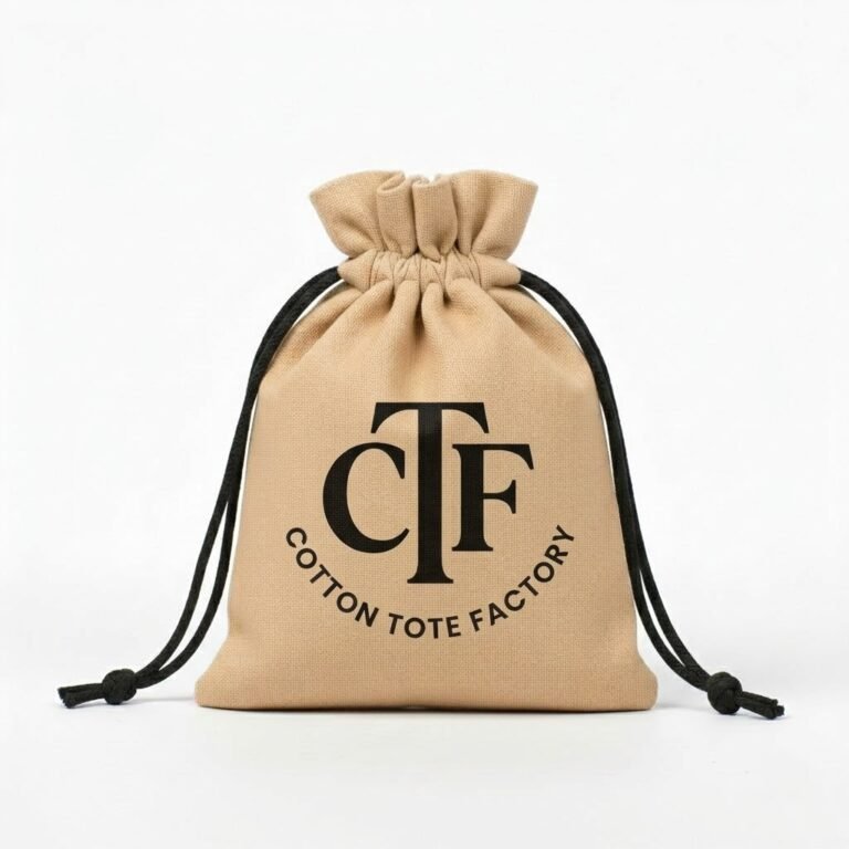 beige drawstring bag with black CTF logo print - Cotton Tote Factory