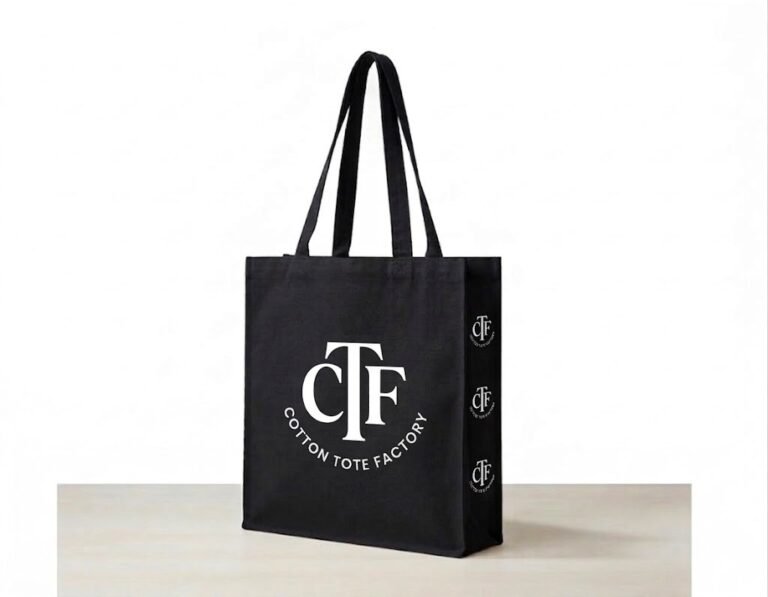 black 180gsm canvas tote bag with 3 side gazette logo printed - Cotton Tot Factory
