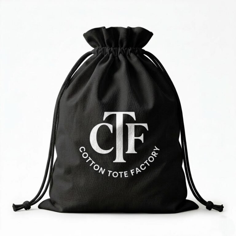 black cotton canvas large drawstring bag with logo print - cotton tote factory