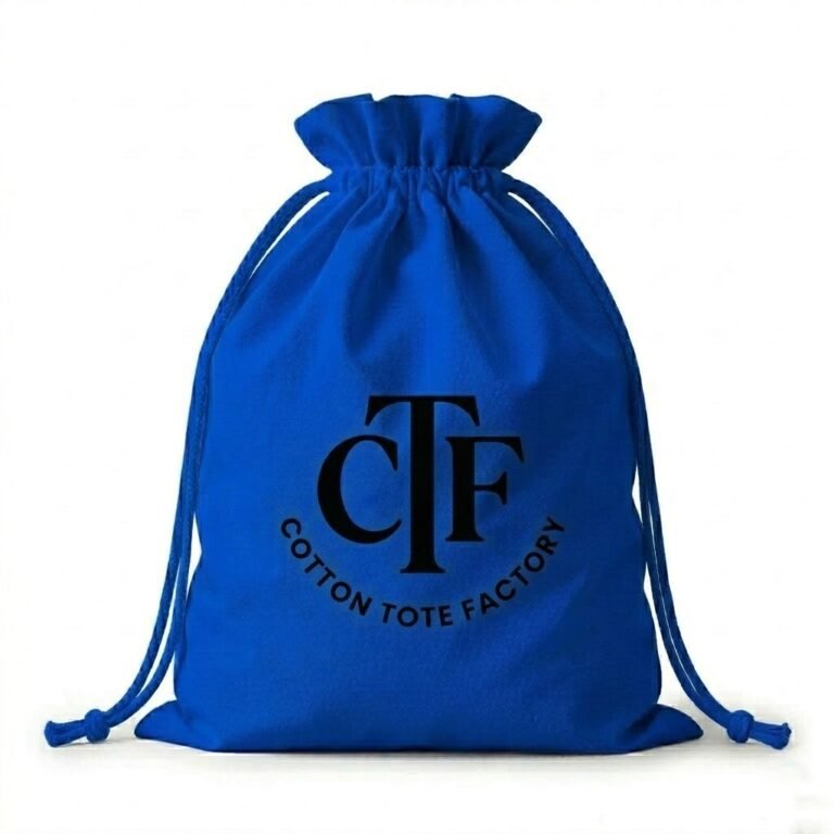 blue cotton canvas large drawstring bag with logo print - cotton tote factory