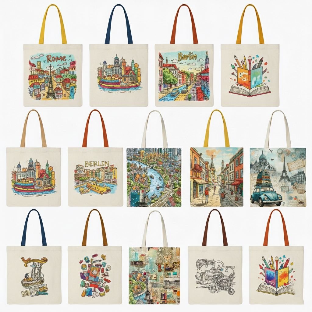 bunch of plain natural cotton tote bag with digital custom designs 2 - Cotton Tote Factory