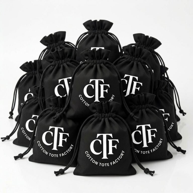 collection of black cotton drawstring bags with logo print - cotton tote factory