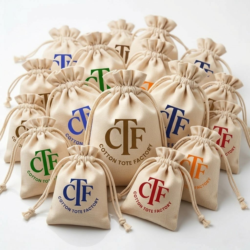 collection of natural cotton drawstring bags with logo print - cotton tote factory