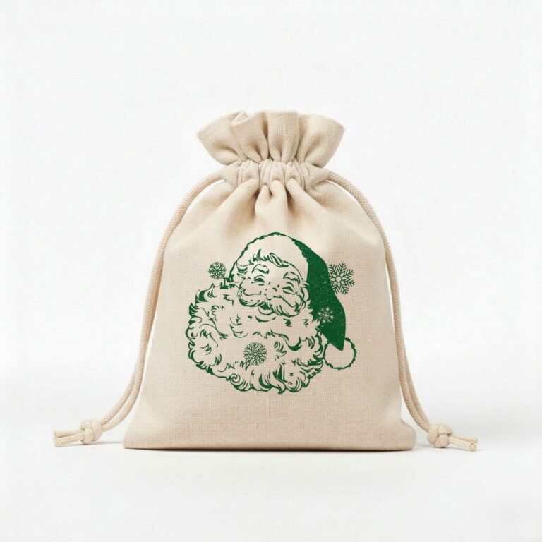 natural cotton drawstring bag with green color santa design screen printing - cotton tote factory