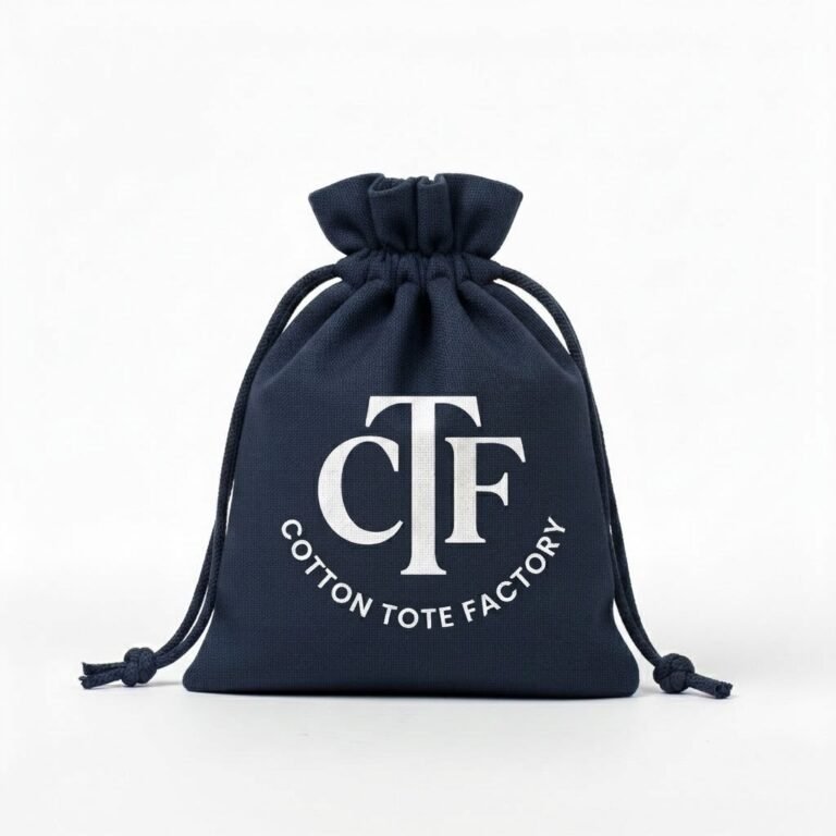 navy blue drawstring bag with black CTF logo print - Cotton Tote Factory