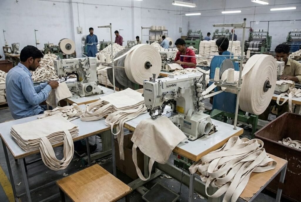 production of cotton tote bags with webbing handles - Cotton Tote Factory
