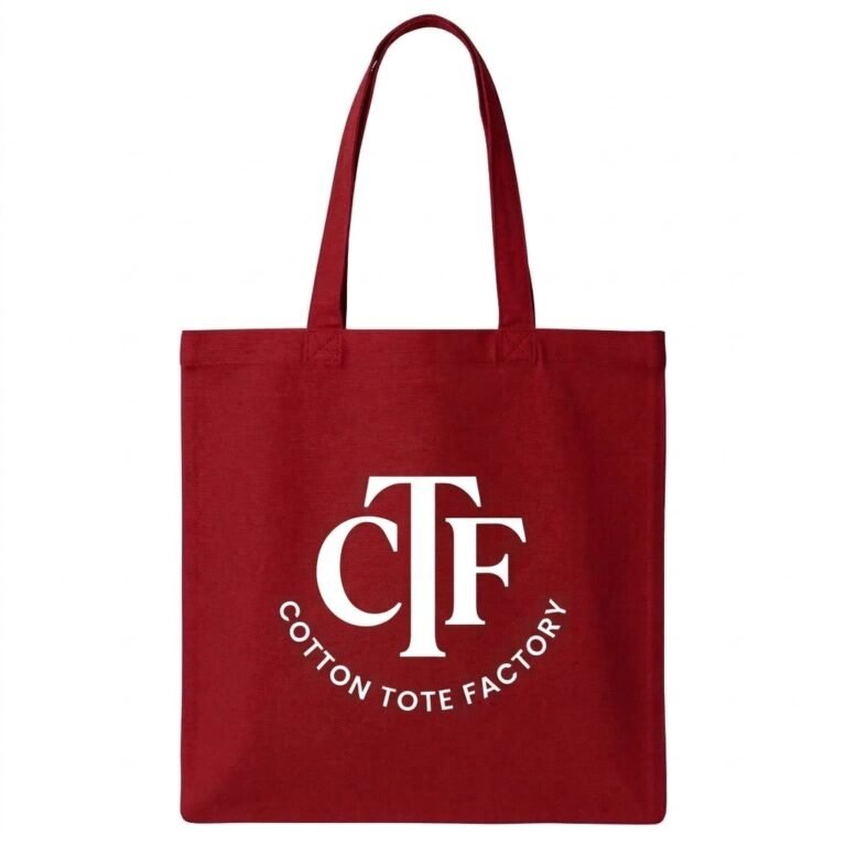 red cotton tote bag with white logo print - cotton tote factory