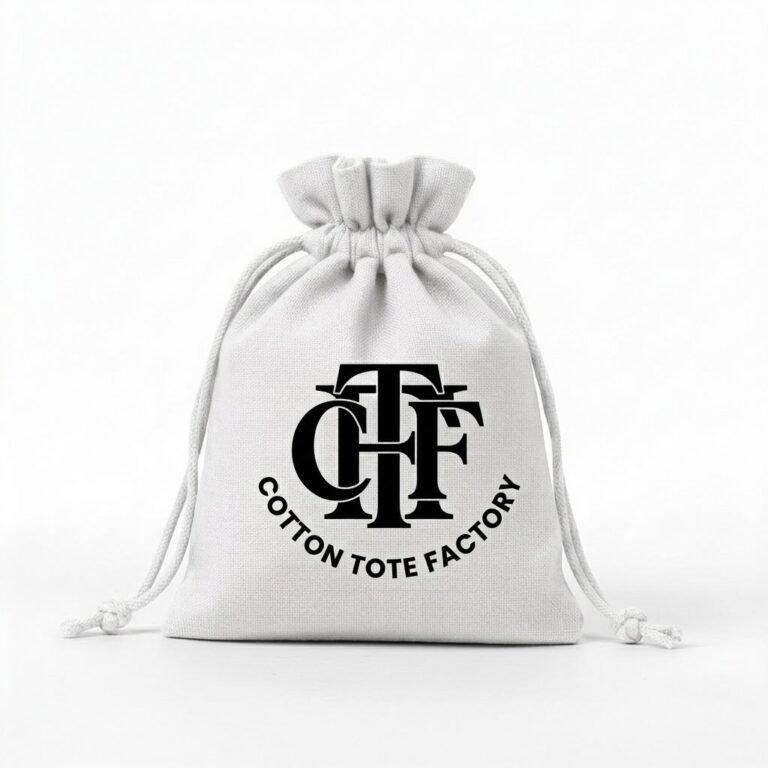 white drawstring bag with black CTF logo print - Cotton Tote Factory