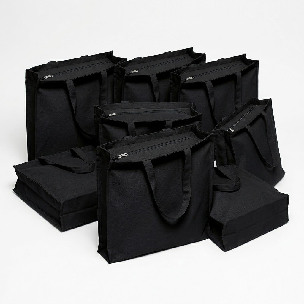 3 side gusset canvas bag with top zipper black collection - cotton tote factory