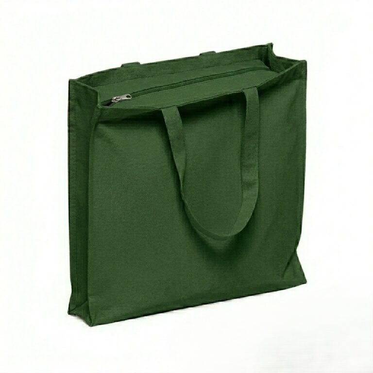 3 side gusset canvas bag with top zipper dark green - cotton tote factory