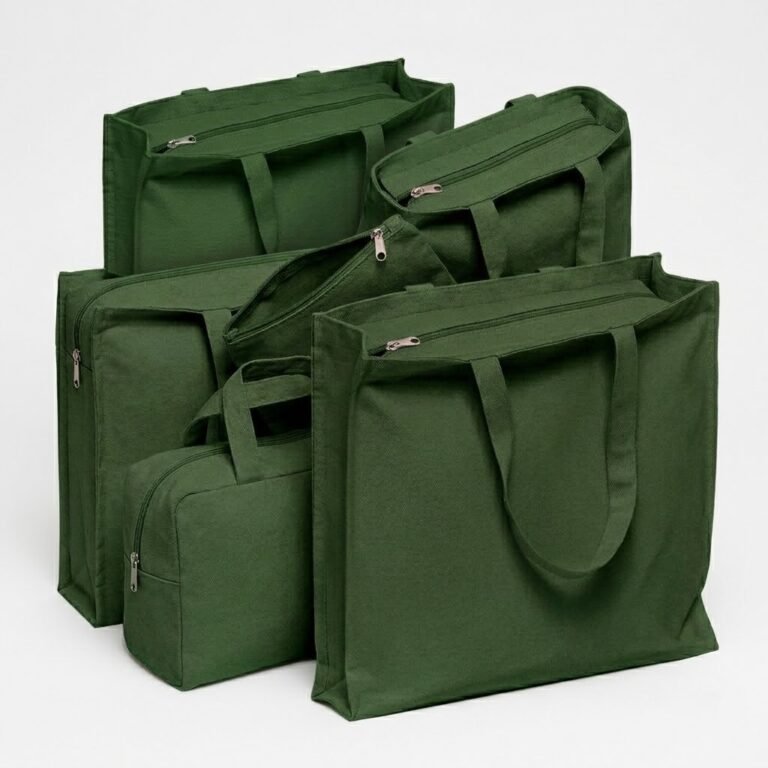 3 side gusset canvas bag with top zipper green collection - cotton tote factory