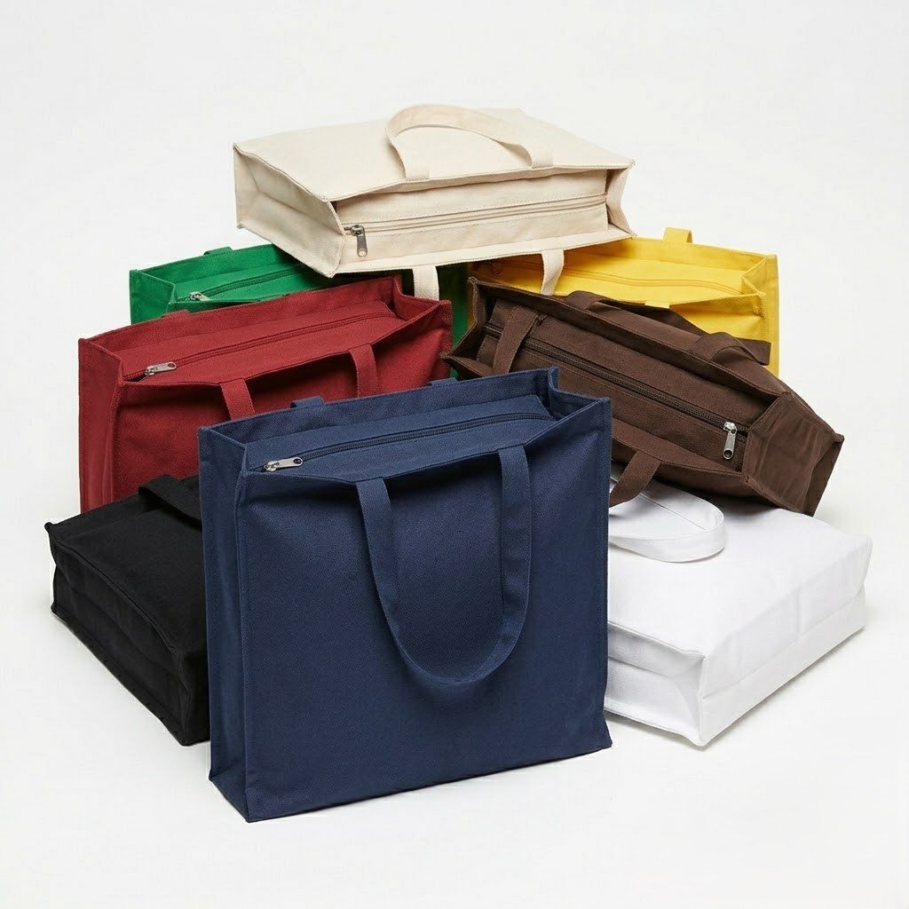 3 side gusset canvas bag with top zipper mix colors collection - cotton tote factory