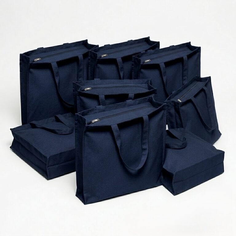 3 side gusset canvas bag with top zipper navy blue collection - cotton tote factory