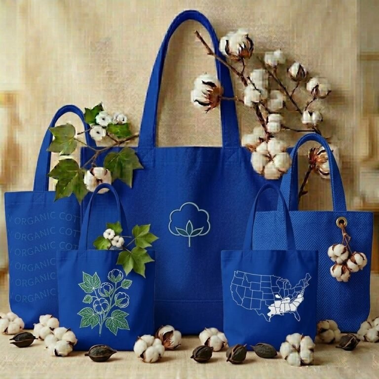 collection of blue organic cotton tote bag with bottom - cotton tote factory