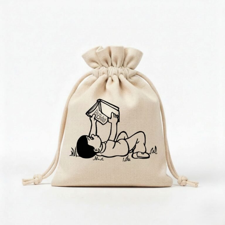 natural cotton drawstring bag with kid book design screen printing - cotton tote factory