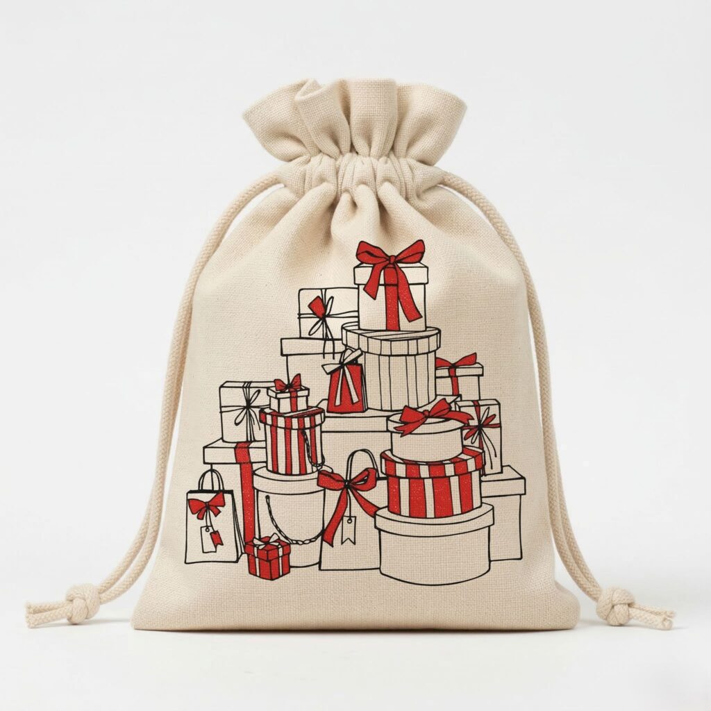 natural cotton drawstring bag with red color xmas design screen printing - cotton tote factory