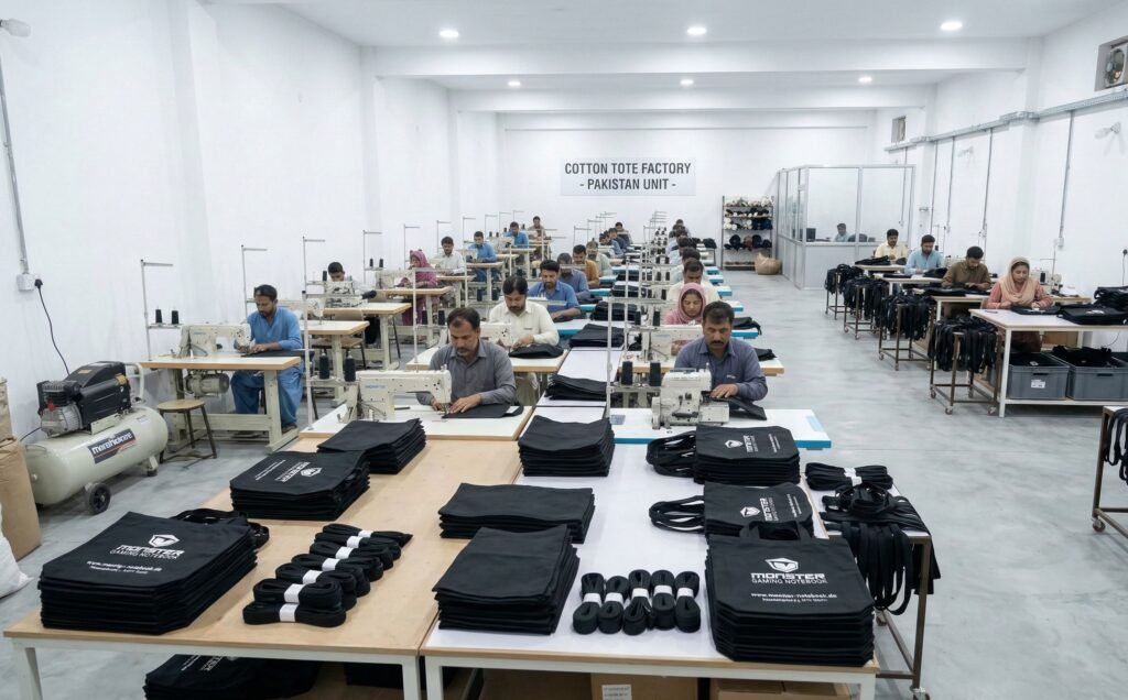 production of black bag with white printing - cotton tote factory