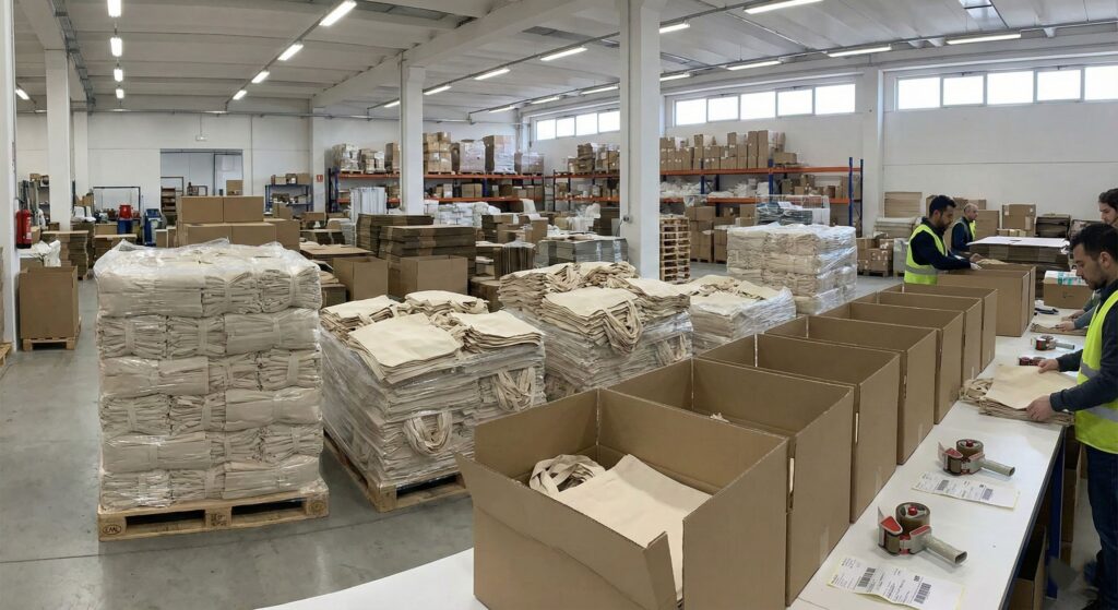 carton filling - cotton tote factory