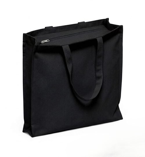 3 side gusset canvas bag with top zipper black - cotton tote factory