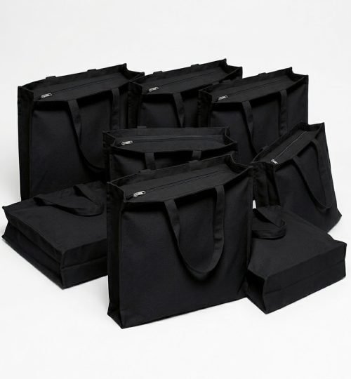 3 side gusset canvas bag with top zipper black collection - cotton tote factory