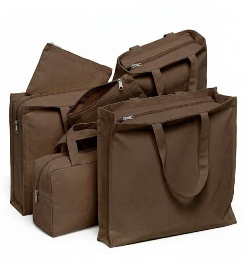 3 side gusset canvas bag with top zipper brown collection - cotton tote factory