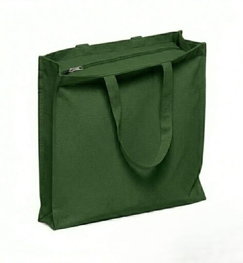 3 side gusset canvas bag with top zipper dark green - cotton tote factory