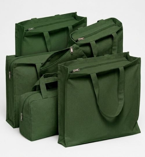 3 side gusset canvas bag with top zipper green collection - cotton tote factory