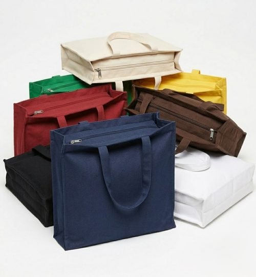 3 side gusset canvas bag with top zipper mix colors collection - cotton tote factory