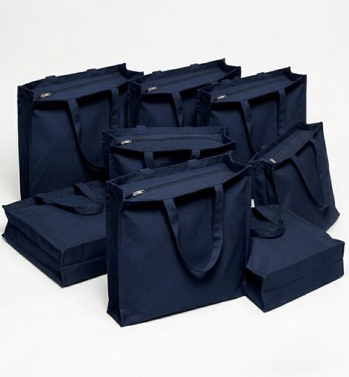 3 side gusset canvas bag with top zipper navy blue collection - cotton tote factory
