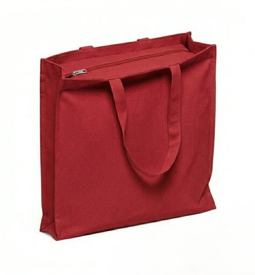 3 side gusset canvas bag with top zipper red - cotton tote factory