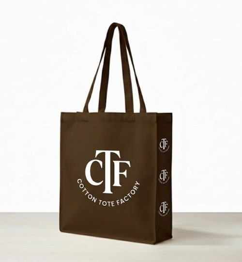 Brown 180gsm canvas tote bag with 3 side gazette logo printed - Cotton Tot Factory