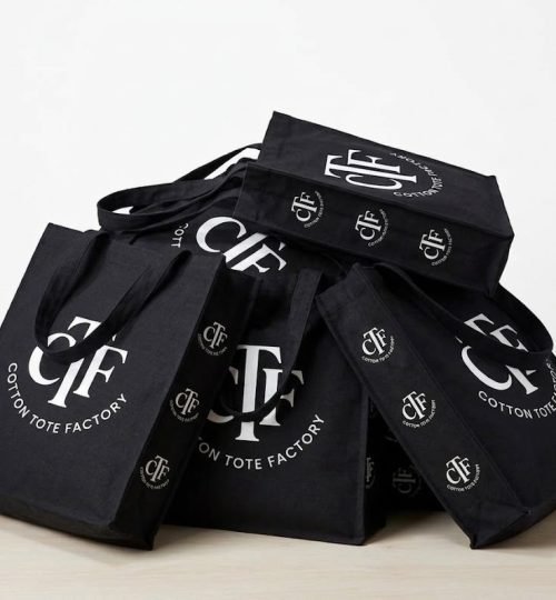 Collection black 180gsm canvas tote bags with 3 side gazette logo printed - Cotton Tot Factory
