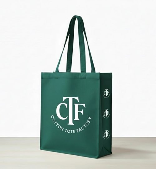 Green 180gsm canvas tote bag with 3 side gazette logo printed - Cotton Tot Factory