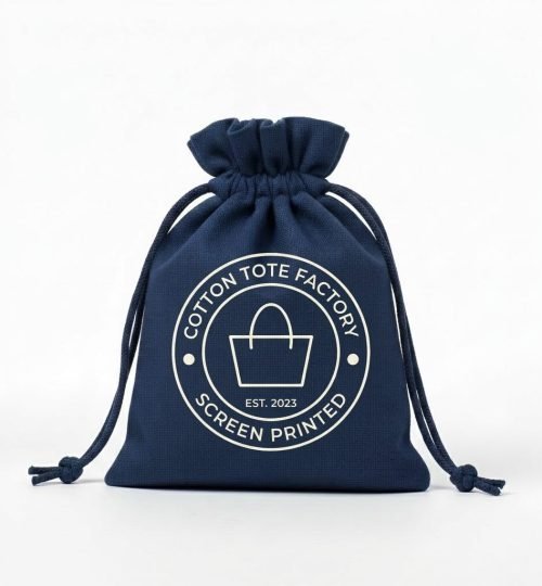Navy blue drawstring bag with logo print - Cotton Tote Factory