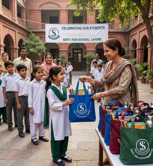 Pakistani teacher distributing gifts in cotton bag with printed logo - Cotton Tote Factory