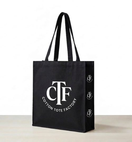 black 180gsm canvas tote bag with 3 side gazette logo printed - Cotton Tot Factory