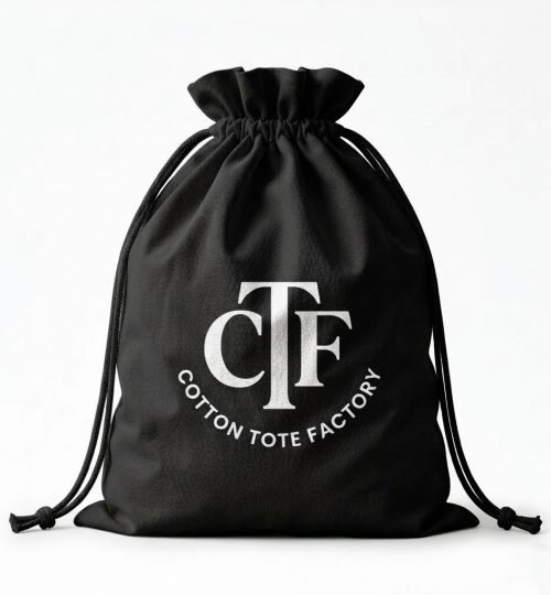 black cotton canvas large drawstring bag with logo print - cotton tote factory