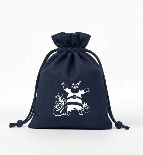 blue cotton drawstring bag with white santa claza screen printing - cotton tote factory