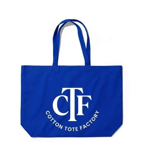 blue cotton tote bag with bottom gusset with logo print - cotton tote factory