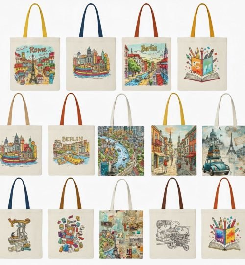 bunch of plain natural cotton tote bag with digital custom designs 2 - Cotton Tote Factory