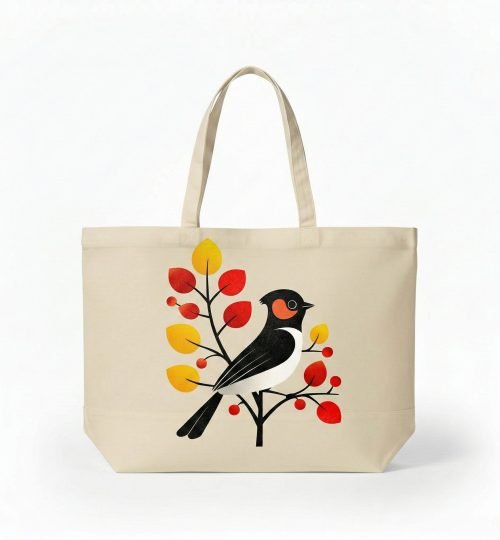 canvas bag with bottom gazette screen print bird design on natural - cotton tote factory