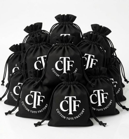 collection of black cotton drawstring bags with logo print - cotton tote factory