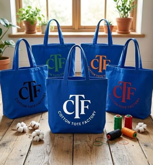 collection of blue cotton tote bag with bottom gusset with logo print - cotton tote factory