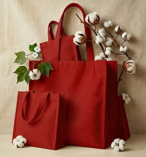collection of dark red organic natural cotton tote bag with 3 side gusset - cotton tote factory