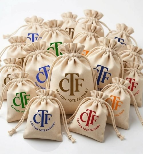 collection of natural cotton drawstring bags with logo print - cotton tote factory