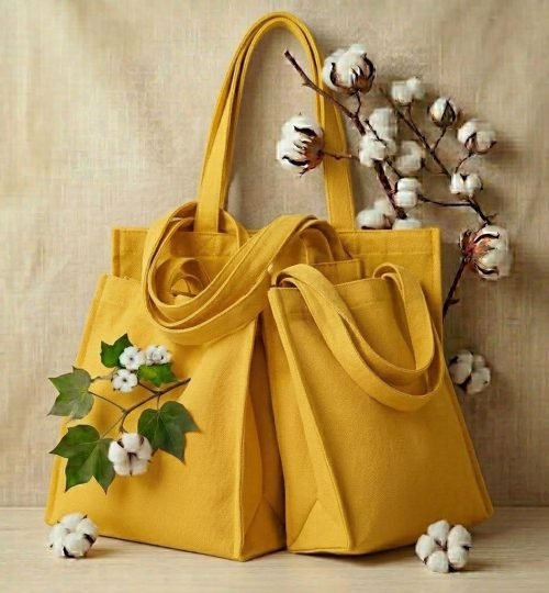 collection of yellow organic natural cotton tote bag with 3 side gusset - cotton tote factory