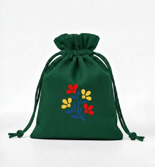 green cotton drawstring bag with flower screen printing - cotton tote factory